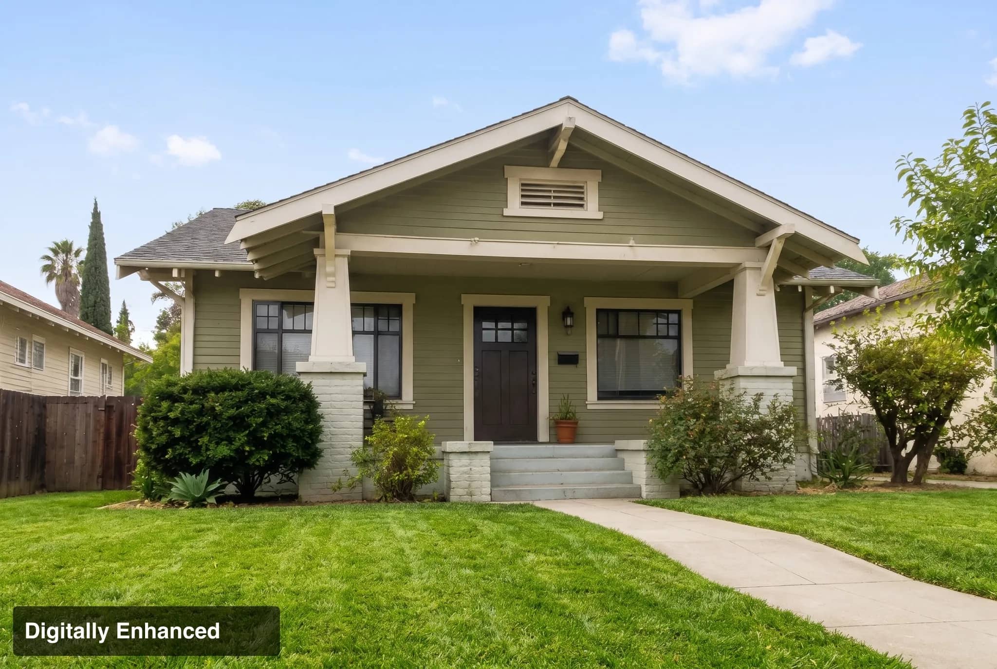 The same exterior after editing: blue sky and a green lawn, labeled Digitally Enhanced
