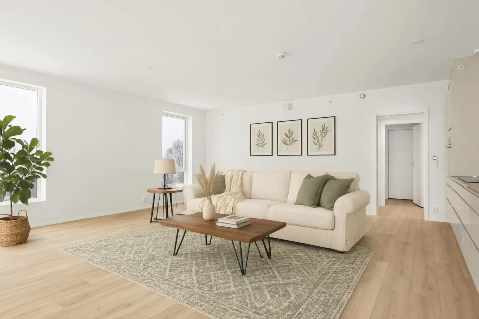 Open living area virtually staged in Farmhouse style, labeled Virtually Staged